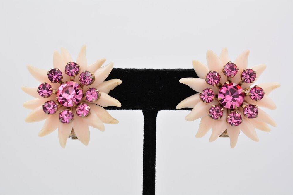 Vintage Flower Clip Earrings Pink Rhinestone Crystal Lucite Blush 1970s BinAA